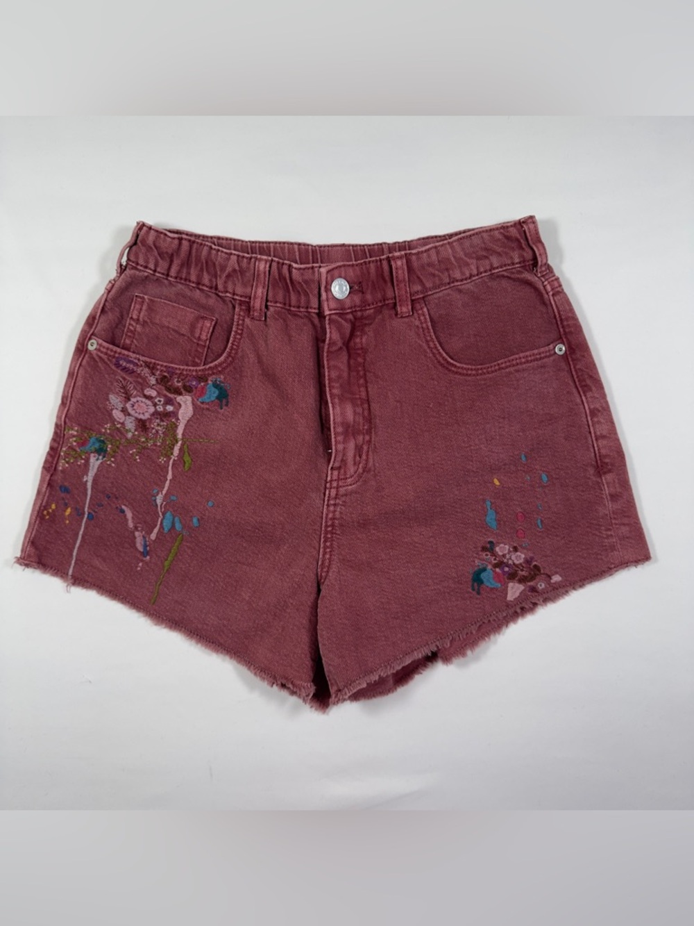 Pilcro Anthropologie Pink Denim Shorts Women Small Embroidered Floral Raw Hem